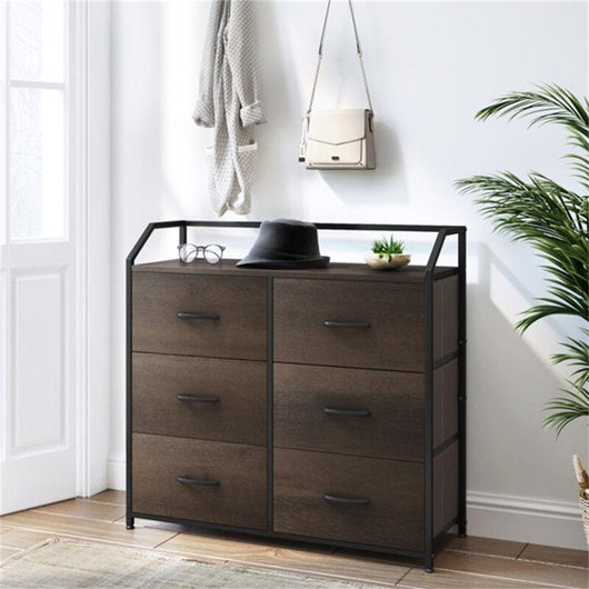 Homfa Fabric Dresser with 6 Drawers Wide Chest of Drawers with Wood Top Sturdy Metal Frame Furniture Storage Tower for Bedroom, Closets, Hallway, Entryway, Dark Brown**New in box**