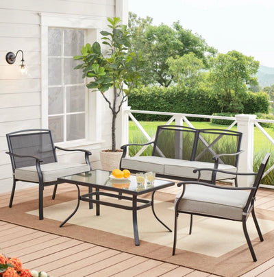 Mainstays Alexandra Square 4 - Piece Outdoor Patio Conversation Set, Gray- NEW AND ASSEMBLED!!! (Missing Coffee Table!)
