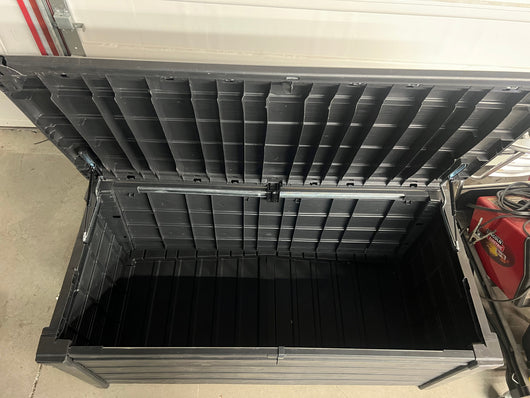Keter Brightwood Outdoor Plastic Deck Box, All-Weather Resin Storage, 120 Gal, Anthracite Gray- NEW AND ASSEMBLED!!! (Cracked from shipping)
