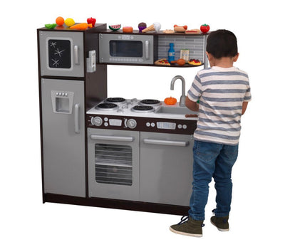 KidKraft Uptown Espresso Wooden Play Kitchen with Chalkboard and 30-Piece Play Food Accessories- NEW IN BOX!!!!