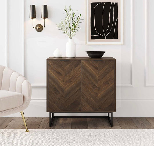 Nathan James Enloe Modern Sideboard Buffet, 32 inch Storage Accent Cabinet with Doors in a Rustic Finish and Matte Metal Base for Hallway, Entryway, Kitchen or Living Room, Walnut/Black- NEW IN BOX!!!!