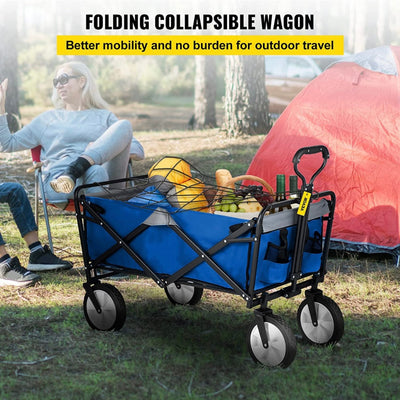 VEVOR Folding Wagon Cart, 176 lbs Load, Outdoor Utility Collapsible Wagon w/Adjustable Handle & Universal Wheels, Portable for Camping, Grocery, Beach, Blue & Gray!! NEW OUT OF BOX!!