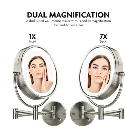 Ovente Lighted Wall Mounted Makeup Mirrors 8.5 Inch 1X 7X Magnifying Dimmable Circular LED Extended Neck Vanities 360 Degree Double Side Hardwired Install Operated Large, Nickel Brushed- NEW IN BOX!!!