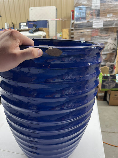 Ribbed Ceramic Indoor/Outdoor Planter, Blue!! NEW OUT OF BOX, CHIPPED IN SHIPPING!!