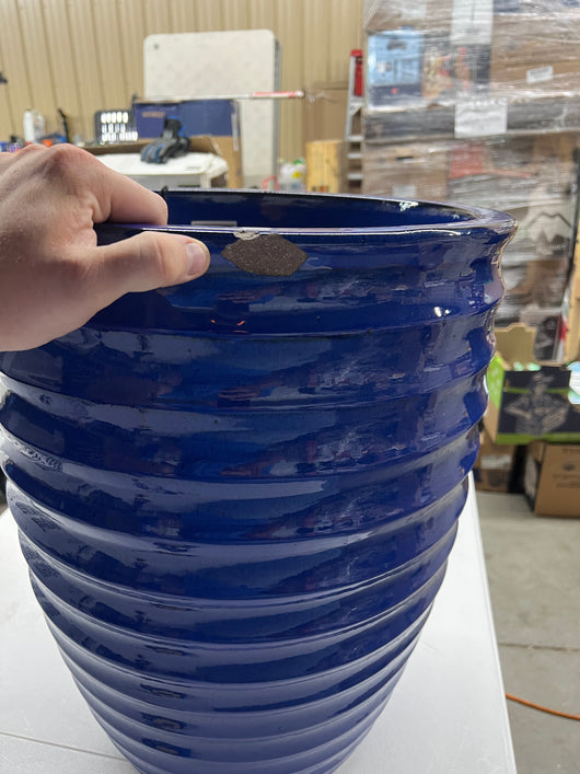 Ribbed Ceramic Indoor/Outdoor Planter, Blue!! NEW OUT OF BOX, CHIPPED IN SHIPPING!!
