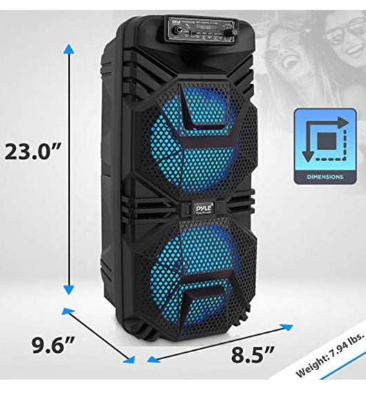 Portable Bluetooth PA Speaker System - 600W Rechargeable Outdoor Bluetooth Speaker Portable PA System w/ Dual 8” Subwoofer 1” Tweeter, Microphone In, Party Lights, USB, Radio,**New,missing remote for led lights**