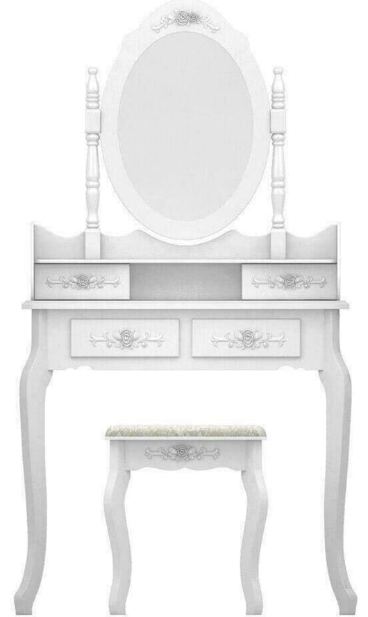 White Vanity Jewelry Makeup Dressing Table Set W/Stool 4 Drawer Mirror Wood Desk- NEW IN BOX!!!!