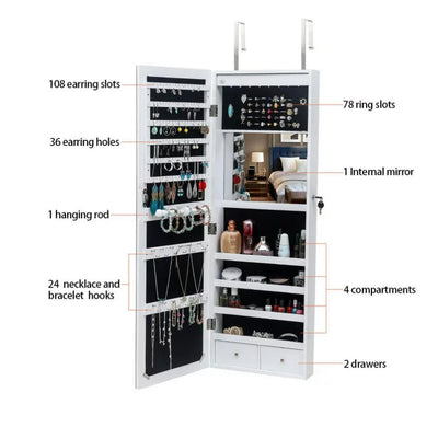 UBesGoo Jewelry Cabinet Box Full Mirror Wooden Wall Mounted 4-Layer Shelf 2 Drawers With Inner Mirror, White- NEW IN BOX!!!