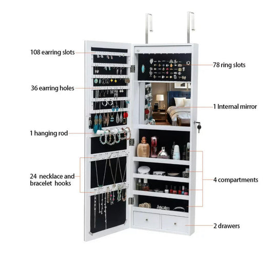 UBesGoo Jewelry Cabinet Box Full Mirror Wooden Wall Mounted 4-Layer Shelf 2 Drawers With Inner Mirror, White- NEW IN BOX!!!
