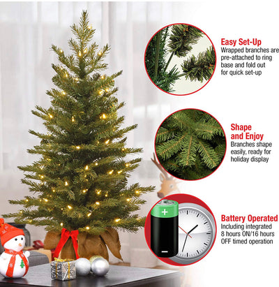 National Tree Company Pre-Lit 'Feel Real' Artificial Mini Christmas Tree, Green, Nordic Spruce, White Lights, Includes Burlap Bag Base, 3 Feet!! NEW OUT OF BOX!!