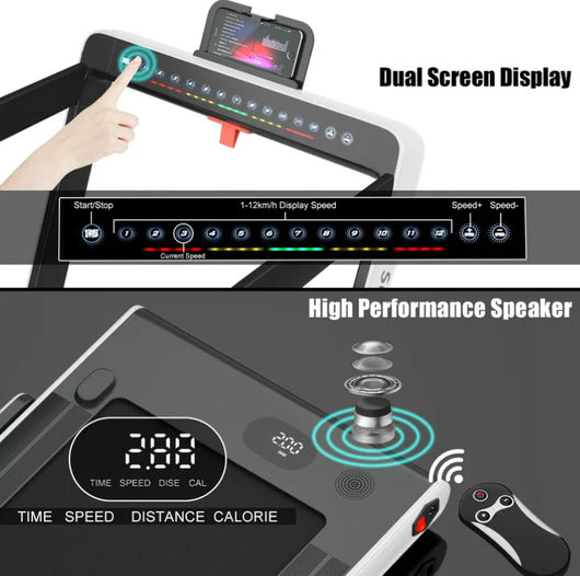 SuperFit 2.25HP 2 in 1 Dual Display Folding Treadmill Jogging Machine W/APP Control White- NEW OUT OF BOX!!! (Minor crack/scratch from shipping)
