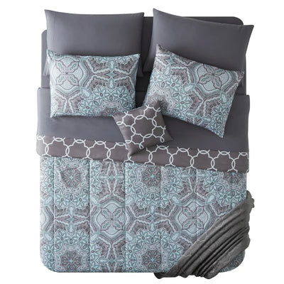 VCNY Home Belinda 9-Piece Aqua/Grey Medallion Polyester Bed in a Bag, King**New in bag**