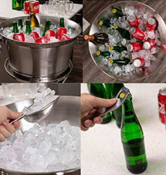 BirdRock Home Metal Beverage Tub with Stand, Scoop and Bottle Opener - 18/8 Stainless Steel Double Wall Ice Beverage Cooler - Drink Beer Wine Ice Bucket with Handles - House Party Events Container Bin- NEW