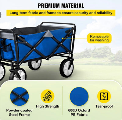 VEVOR Folding Wagon Cart, 176 lbs Load, Outdoor Utility Collapsible Wagon w/Adjustable Handle & Universal Wheels, Portable for Camping, Grocery, Beach, Blue & Gray!! NEW OUT OF BOX!!