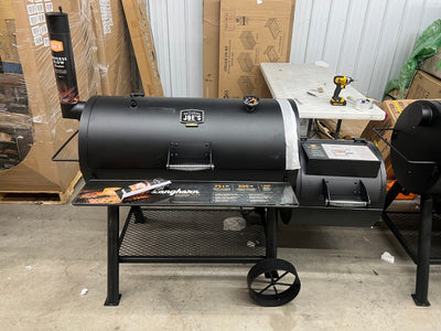 Oklahoma Joe's Longhorn Reverse Flow Smoker Black!! NEW AND ASSEMBLED, MISSING HEAT BAFFLE BUT STILL A FUNCTION-ABLE GRILL!!