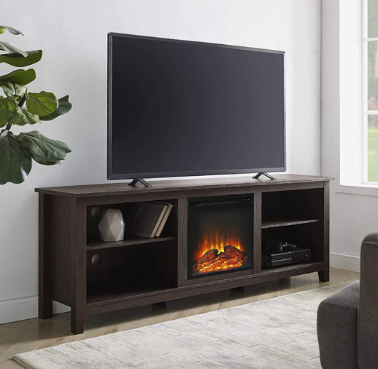 Walker Edison Wren Classic 4 Cubby Fireplace TV Stand for TVs up to 80 Inches, 70 Inch, Espresso!  -Brand new & Assembled but does have some small defect forms shipping, a crack across the top, photos shown