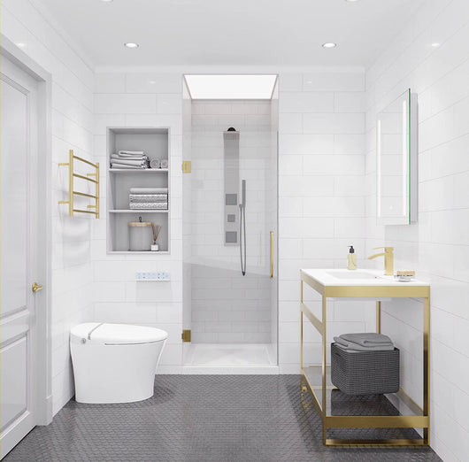 72 x 24 inch Frameless Shower Door in Brushed Gold | Fellow Water Repellent Glass Shower Door with Seal Strip Parts and Handle | 3/8 inch Glass Hinged Shower Door with Handle- NEW IN BOX!!!