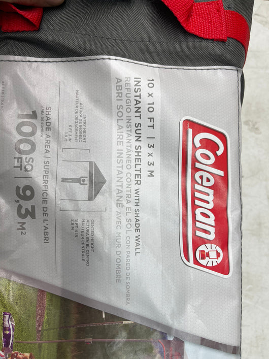 Coleman Tan 10 Ft X 10 Ft Instant Sun Shelter W/Shade Wall- new in carry case