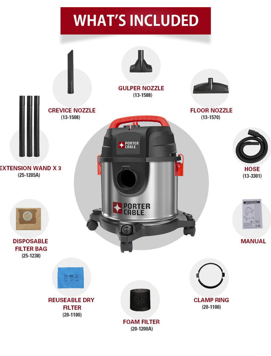 PORTER-CABLE Wet/Dry Vacuum 4 Gallon 4HP Stainless Steel Light Weight Portable, 3 in 1 Function with Attachments, Silver+red**New in box**