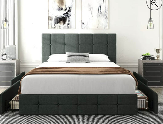 Amolife Full Size Platform Bed Frame with Headboard and 4 Storage Drawers, Button Tufted Style, Dark Grey, Mattress Not Included- NEW IN BOX!!!!