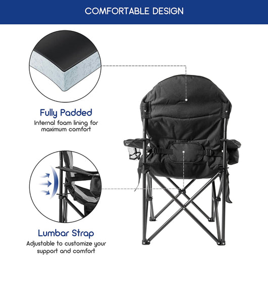 Coastrail Outdoor Camping Chair Oversized Padded Folding Quad Arm Chairs with Lumbar Back Support, Cooler Bag, Cup Holder & Side Pocket, Extra Head Pocket, Supports 400 lbs,Black- NEW OUT OF BOX!!!