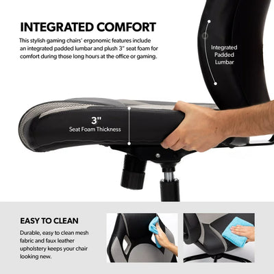 OFM High Back Video Game Chair, Gray, Faux Leather**New and assembled,minor tear from shipping**