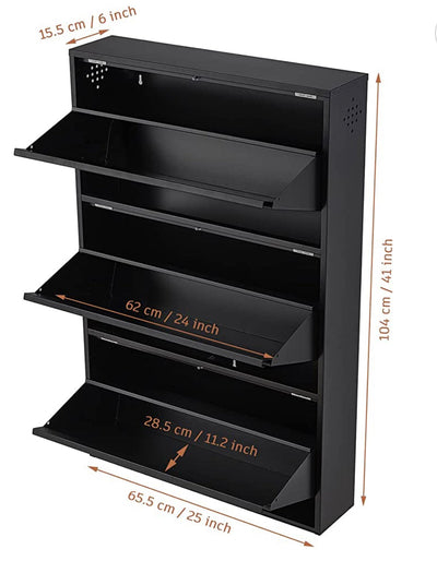 SPACEROCK 3 Drawer Shoe Storage Cabinet Wall Mounted & No-Assembly 25“ Metal Shoe Cabinet for Entryway, Hallway, and Corridor, Holds 12 Pair Shoes, Black- NEW IN BOX