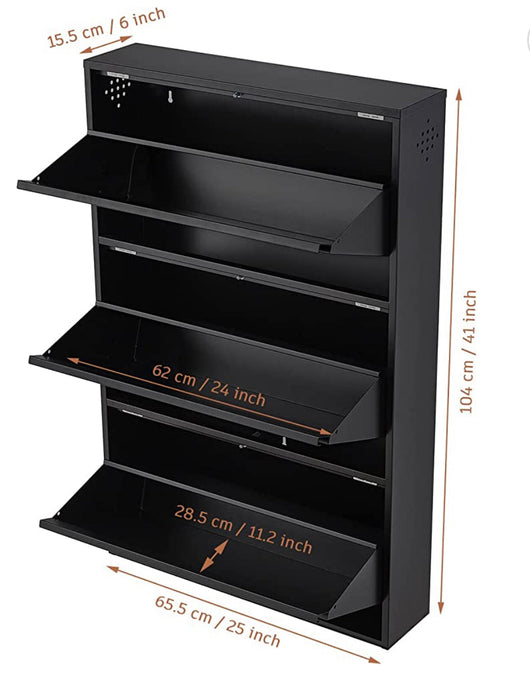 SPACEROCK 3 Drawer Shoe Storage Cabinet Wall Mounted & No-Assembly 25“ Metal Shoe Cabinet for Entryway, Hallway, and Corridor, Holds 12 Pair Shoes, Black- NEW IN BOX
