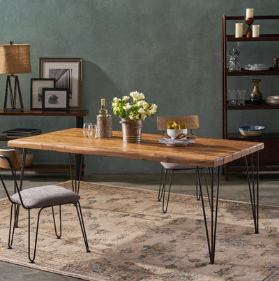 River Street Designs Rueben Indoor/Outdoor 72” Rectangular Acacia Wood Table and Hairpin Leg Dining Table, Teak Finish, Rustic Metal Legs!! NEW AND ASSEMBLED!!!