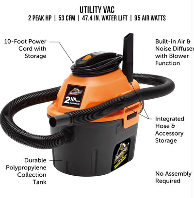 Armor All, AA255 , 2.5 Gallon 2 Peak HP Wet/Dry Utility Shop Vacuum , Orange!  -USED