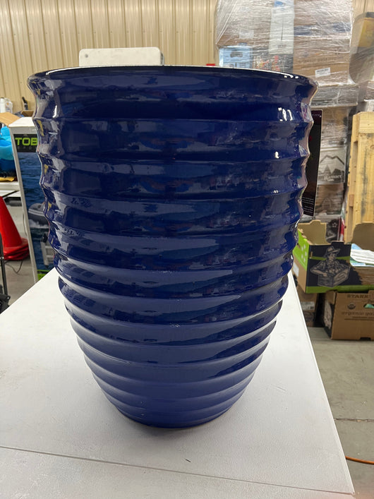 Ribbed Ceramic Indoor/Outdoor Planter, Blue!! NEW OUT OF BOX, CHIPPED IN SHIPPING!!