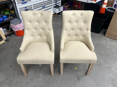 Roundhill Furniture Button Tufted Solid Wood Wingback Hostess Chairs with Nail Heads, Set of 2, Tan- NEW AND ASSEMBLED!!!