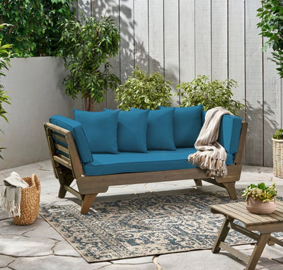 Othello Outdoor Acacia Wood Expandable Daybed with Water Resistant Cushions, Dark Teal and Gray- NEW AND ASSEMBLED!!!