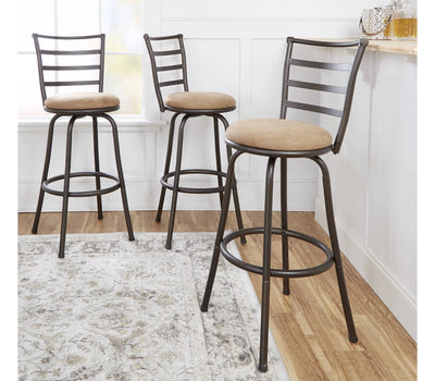 Mainstays Adjustable-Height Swivel Barstool, Hammered Bronze Finish, Set of 3, Tan Microfiber!! NEW IN BOX!!