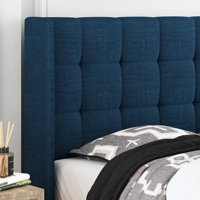 Allewie Queen Size Platform Bed Frame with Wingback / Fabric Upholstered Square Stitched Headboard and Wooden Slats / Mattress Foundation / Easy Assembly, Navy Blue**New in box**