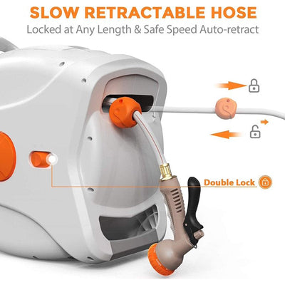 TACKLIFE Retractable Garden Hose Reel, 100+6.7 FT 1/2" Automatic Rewind Wall Mounted Hose Reel with 8 Patterns Hose Nozzles, 180° Garden Watering & Car Washing**New in Box**