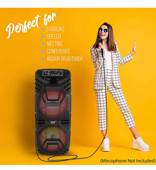 Portable Bluetooth PA Speaker System - 600W Rechargeable Outdoor Bluetooth Speaker Portable PA System w/ Dual 8” Subwoofer 1” Tweeter, Microphone In, Party Lights, USB, Radio,**New,missing remote for led lights**