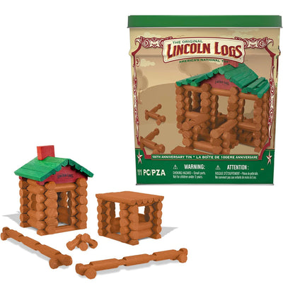 Lincoln Logs – 100th Anniversary Tin, 111 Pieces, Real Wood Logs - Ages 3+ - Best Retro Building Gift Set For Boys/Girls - Creative Construction Engineering - Preschool Education Toy- NEW (Dented Tin)
