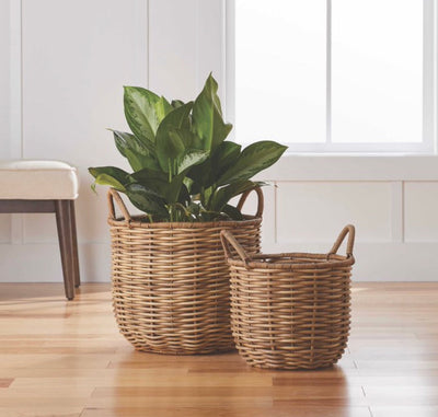 Better Homes & Gardens Assorted Round Beige Resin and Rattan Plant Planter (2 Pieces) with Drainage Hole- NEW OUT OF BOX!!!!