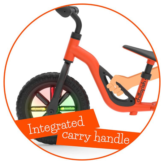 Chillafish Charlie Glow Lightweight Balance Bike with Carry Handle and Light-up Wheels, Adjustable Seat and Handlebar, and Puncture-Proof 10-inch Tires, Orange**New in box**