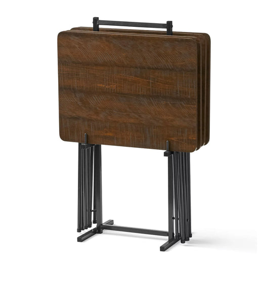 Mainstays 5-Piece Folding Tray Table Set with Stand, Rustic Brown (new in the box)