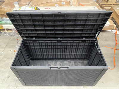 Suncast Outdoor 50 Gal Resin Deck Box with Seat, Black!! USED, MISSING ONE HINGE AND HAS MINOR CRACK(FUNCTIONS PROPERLY)!!