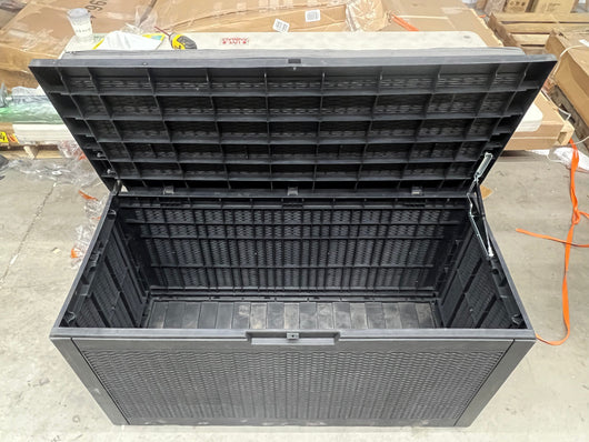 Suncast Outdoor 50 Gal Resin Deck Box with Seat, Black!! USED, MISSING ONE HINGE AND HAS MINOR CRACK(FUNCTIONS PROPERLY)!!