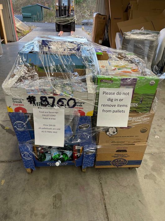 GROCERY AND BEVERAGE PALLET- number 8760     most - if not all items - have good expiration dates      $99 after automatic 20 percent discount at checkout