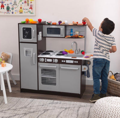 KidKraft Uptown Espresso Wooden Play Kitchen with Chalkboard and 30-Piece Play Food Accessories- NEW IN BOX!!!!