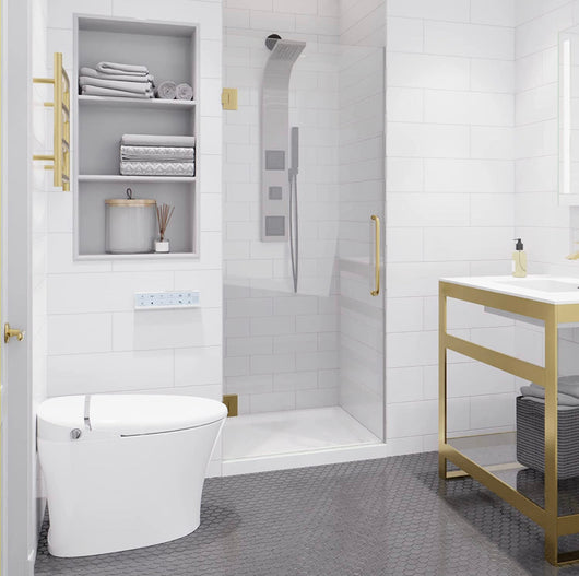 72 x 24 inch Frameless Shower Door in Brushed Gold | Fellow Water Repellent Glass Shower Door with Seal Strip Parts and Handle | 3/8 inch Glass Hinged Shower Door with Handle- NEW IN BOX!!!