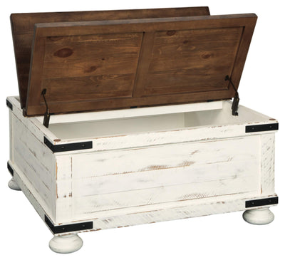 Signature Design by Ashley Wystfield Farmhouse Square Storage Coffee Table with Hinged Lift Top, Distressed White**New in box**