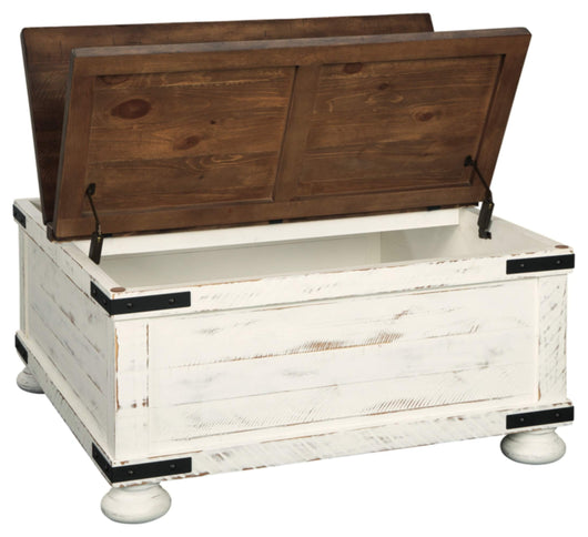 Signature Design by Ashley Wystfield Farmhouse Square Storage Coffee Table with Hinged Lift Top, Distressed White**New in box**