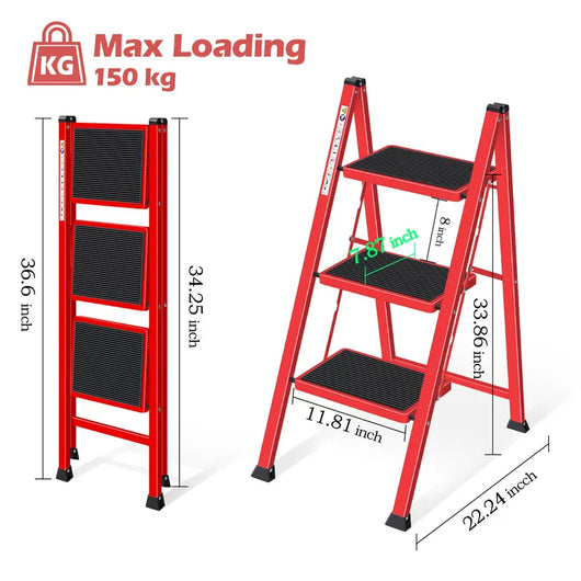 Kingrack 3-Step Stool, Household Folding Non-Slip Step Ladder, Collapsible Stool for Adults, 330lbs Capacity (Red)!  -Brand new