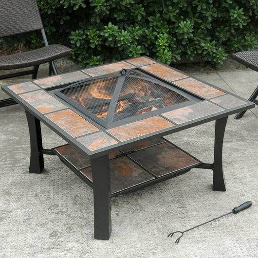 Axxonn 32", 2-in-1 Malaga Convertible Square Tile Top Fire Pit, Coffee Table wood burning Fire Bowl**New and assembled**